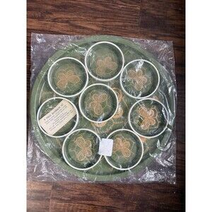 National Toleware 9 Piece Beverage Set Avacado Green Gold Butterflies 60’s NOREX